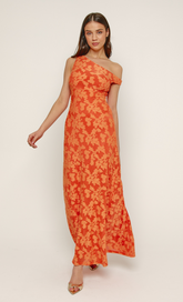 Orange Flocked Fallen Shoulder Maxi Dress