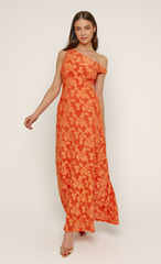 Orange Flocked Fallen Shoulder Maxi Dress