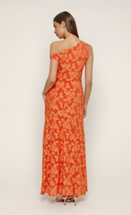 Orange Flocked Fallen Shoulder Maxi Dress