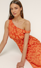 Orange Flocked Fallen Shoulder Maxi Dress