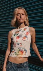 White Picnic Print Mesh Top