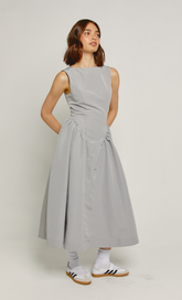 Grey Midi Dress with Gathered Waist