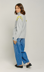 Grey Eyelet Detail Jumper with Yellow Lace