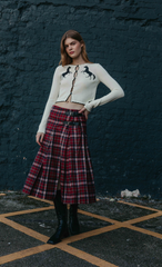 Red Tartan Buckle Detail Midi Skirt
