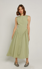 Olive Midi Dress with Gathered Waist
