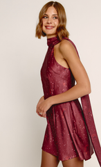 Wine Polka Dot Rose Scarf Mini Dress