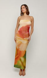Orange Blur Mesh Flower Bandeau Maxi Dress