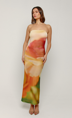 Orange Blur Mesh Flower Bandeau Maxi Dress