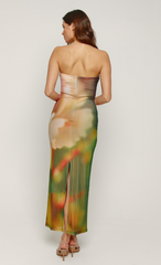Orange Blur Mesh Flower Bandeau Maxi Dress