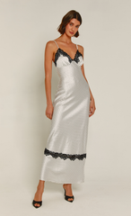 White Polka Dot Satin Lace Trim Maxi Dress