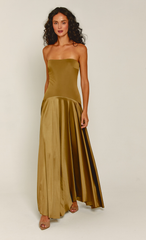 Olive Curved Drop Waist Bandeau Maxi Dress