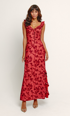 Red Ruffle Side Split Maxi Dress