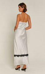 White Polka Dot Satin Lace Trim Maxi Dress