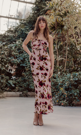 Pink Floral Devore Drawstring Maxi Dress