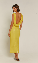 Yellow Sequin Cowl Back Maxi Dress