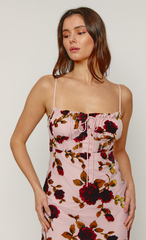 Pink Floral Devore Drawstring Maxi Dress