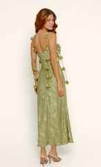 Olive Petal Strap Satin Jacquard Maxi Dress