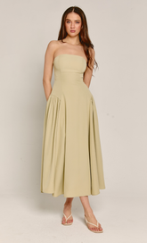 Olive Bandeau Hip Gathered Midi Dress