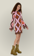 Pink Fringe Knit Mini Dress