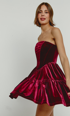Wine Velvet Bandeau Mini Dress With Bows