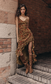 Olive Asymmetric Devore Maxi Dress