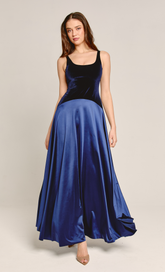 Navy Velvet & Satin Curved Drop Waist Maxi Dress