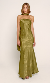 Olive Bandeau Scarf Satin Maxi Dress