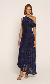 Navy Devore Fallen Shoulder Maxi Dress