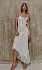 White Diamante Mesh Godet Maxi Dress