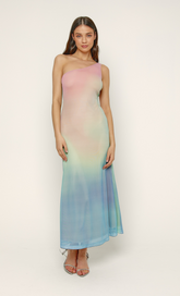 Ombre One-Shoulder Mesh Maxi Dress