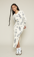 White Doodle Print Mesh Maxi Dress