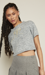Grey Embroidered Face Knit Crop Top