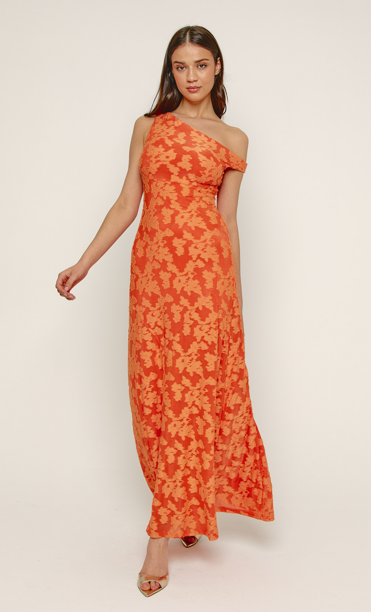 Orange Flocked Fallen Shoulder Maxi Dress