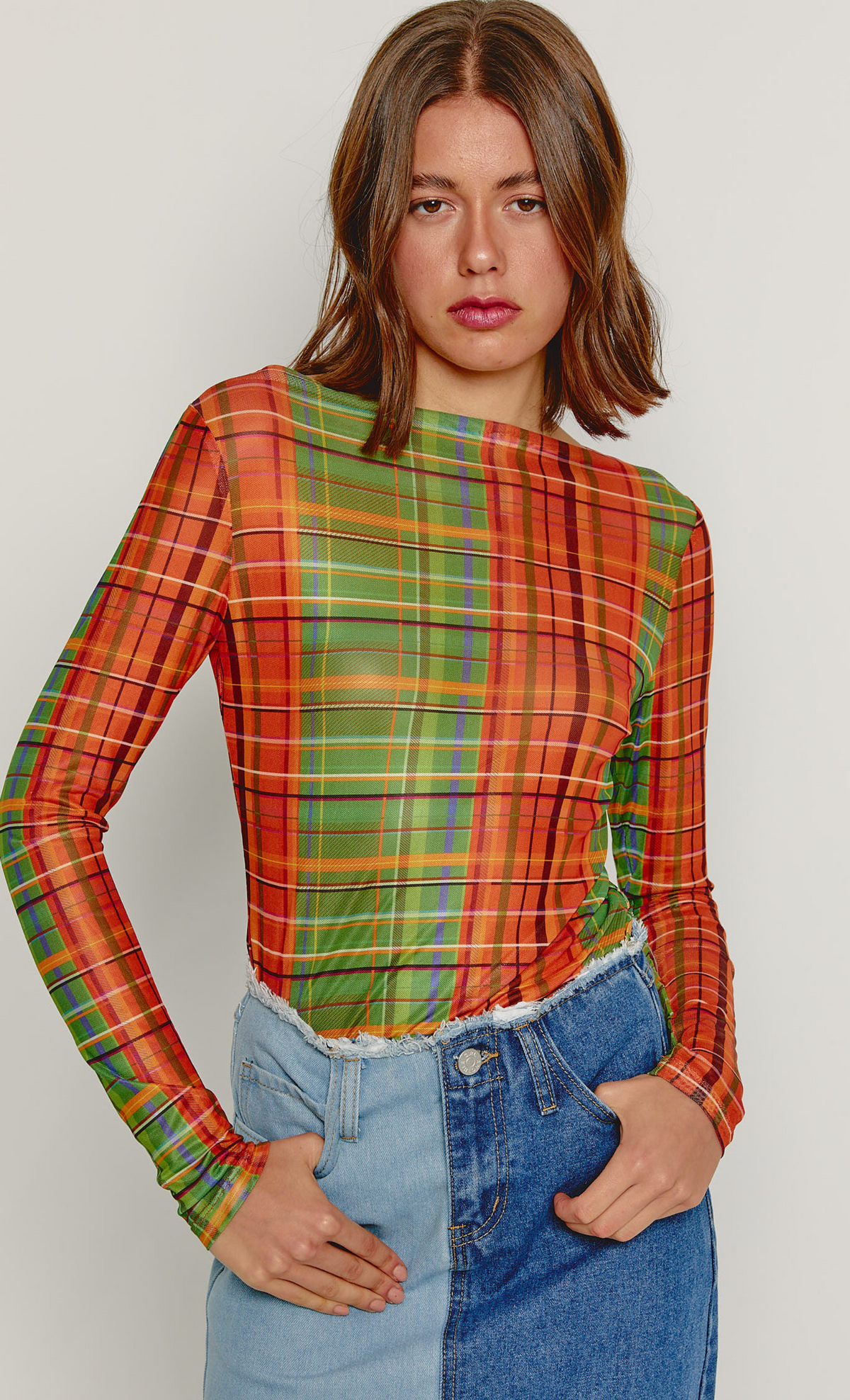 Orange & Green Checkered Mesh Top