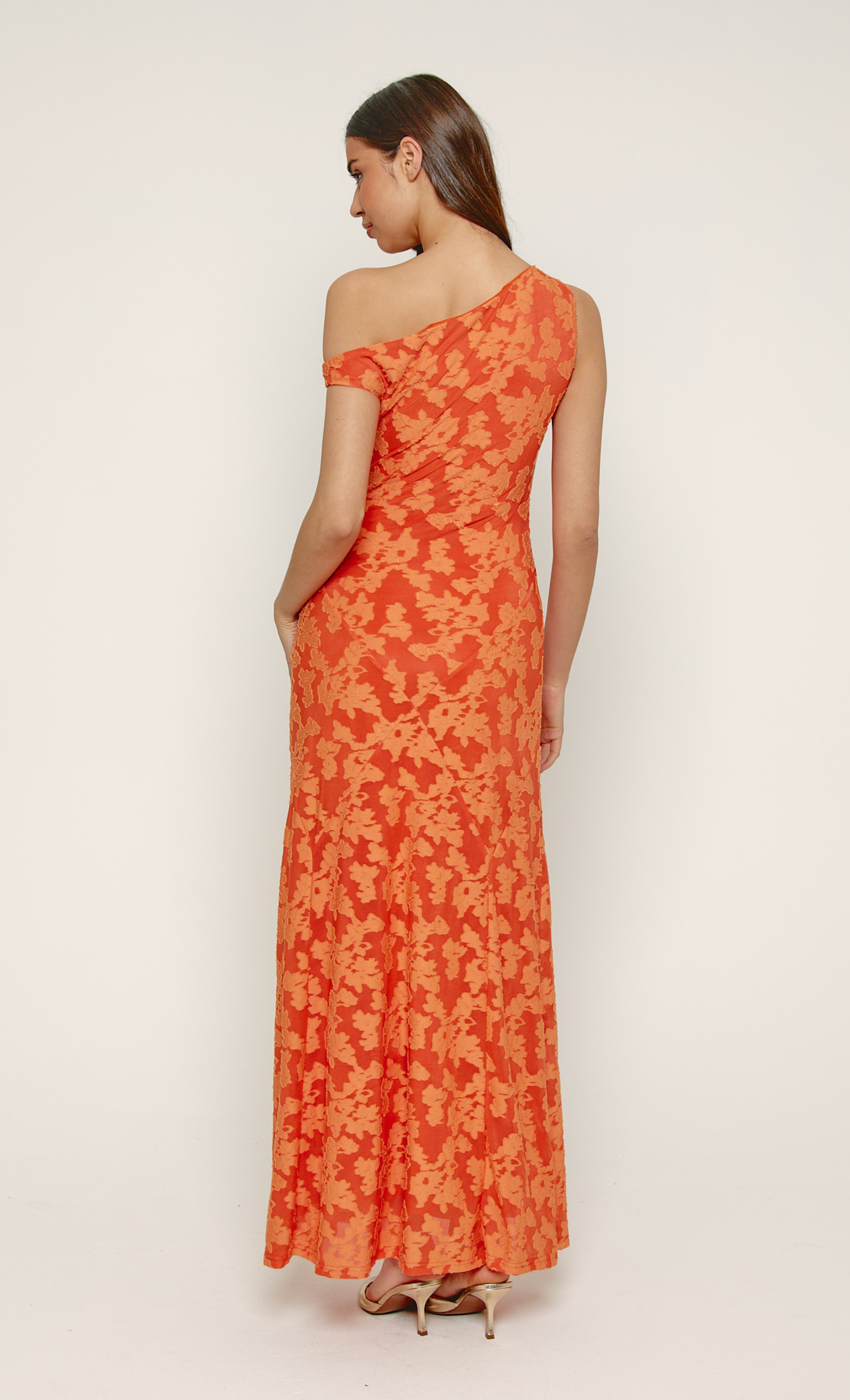 Orange Flocked Fallen Shoulder Maxi Dress