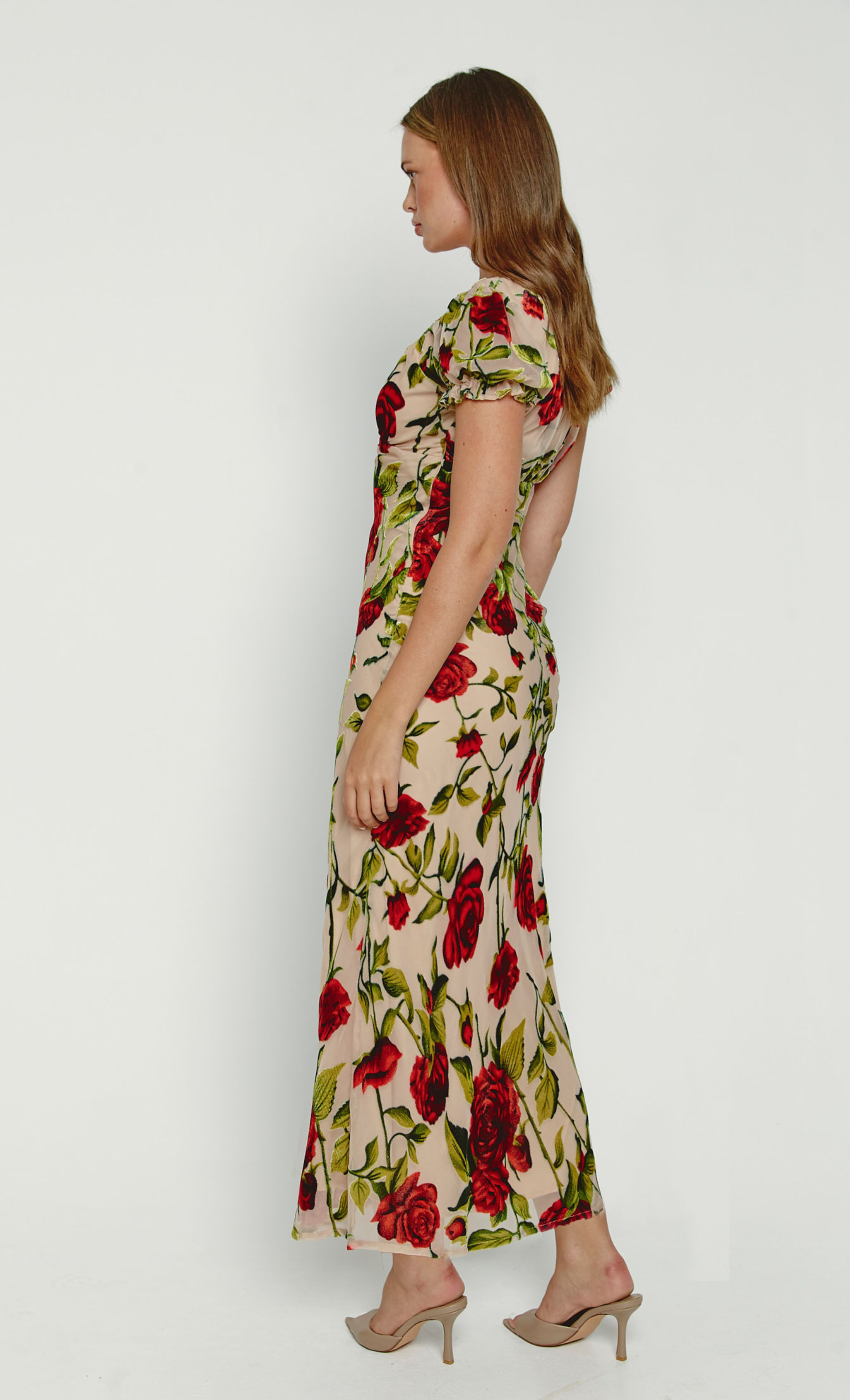 Rose Devore Drawstring Detail Maxi Dress