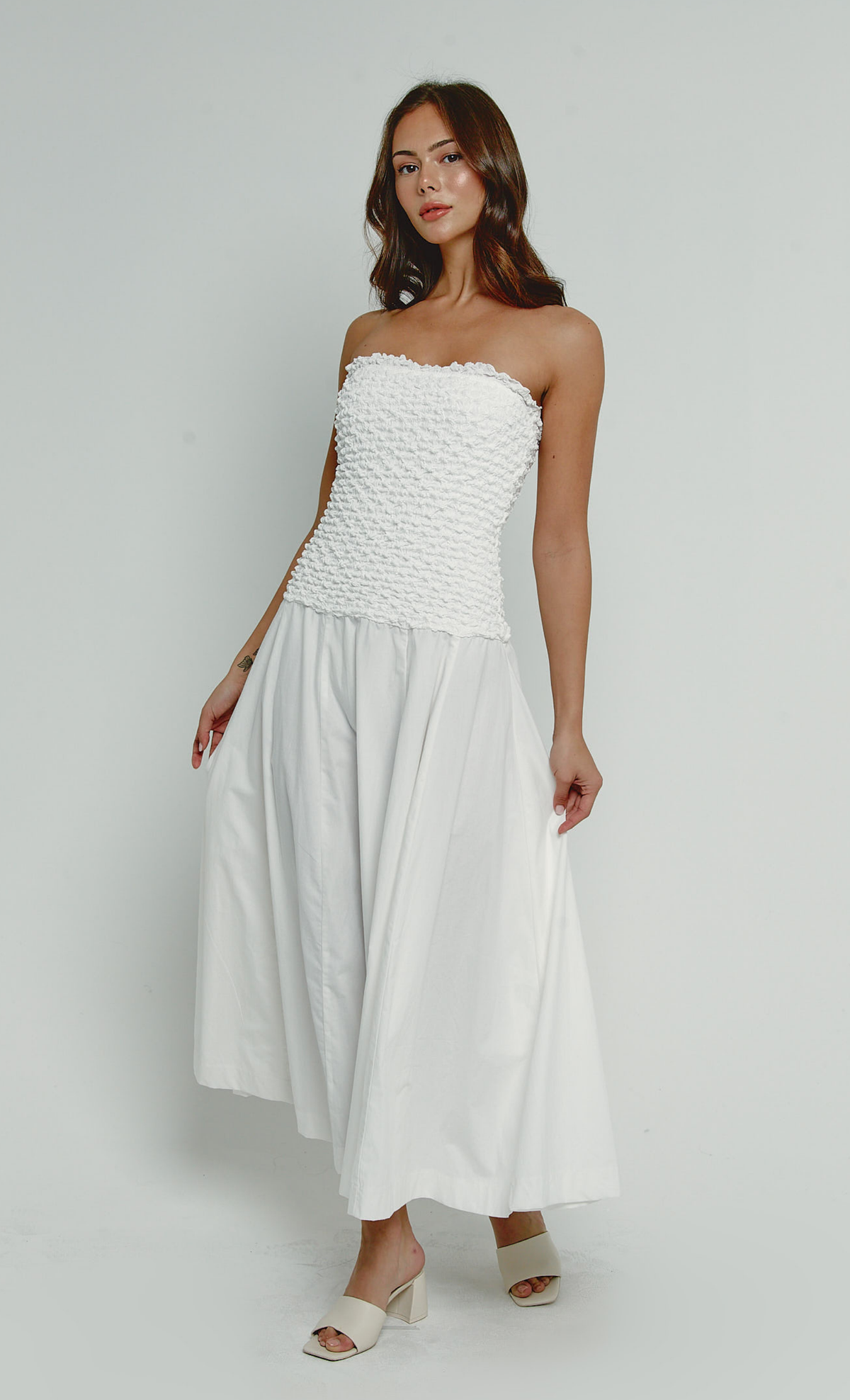 White Drop Waist Textured Maxi Dress