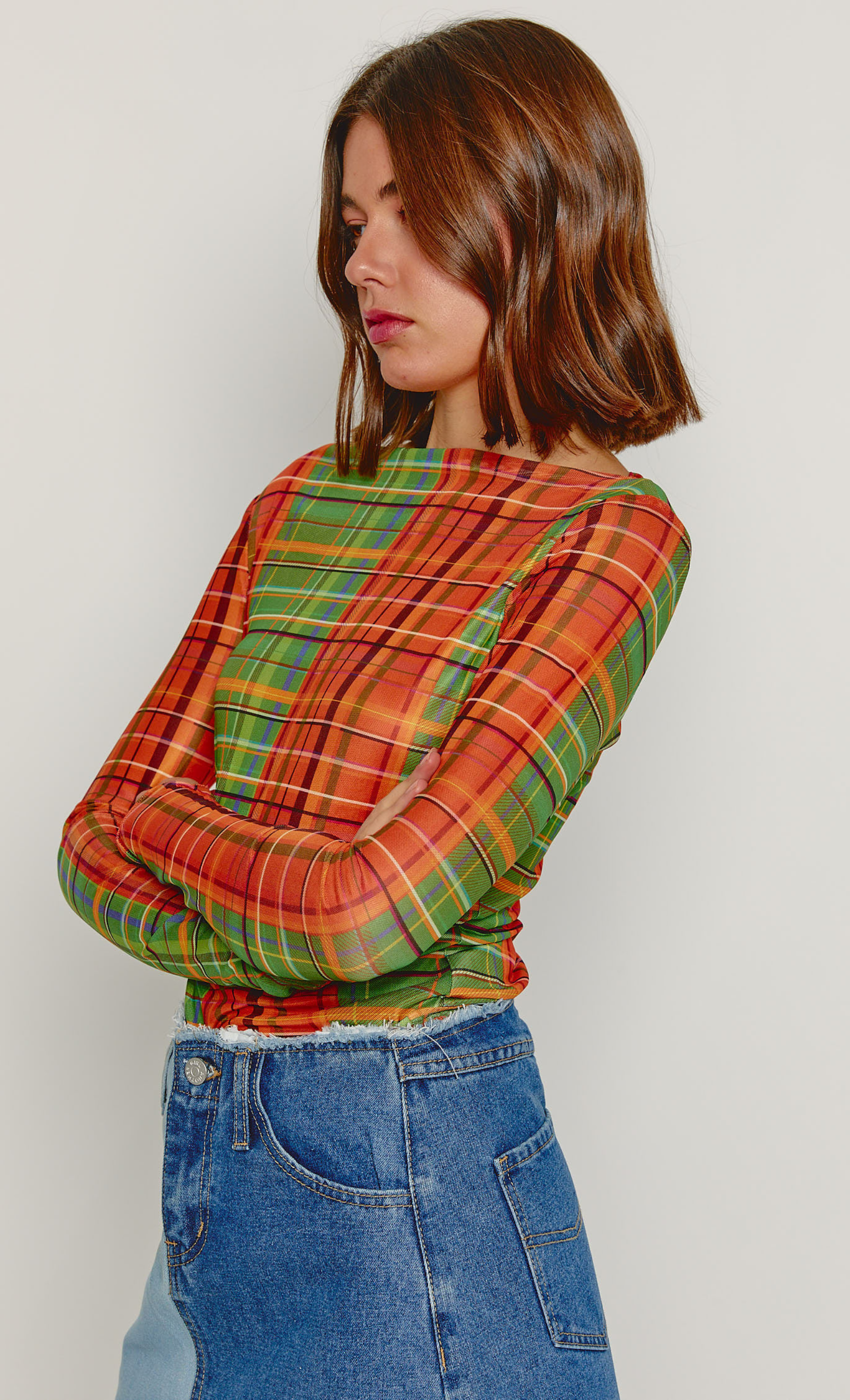 Orange & Green Checkered Mesh Top
