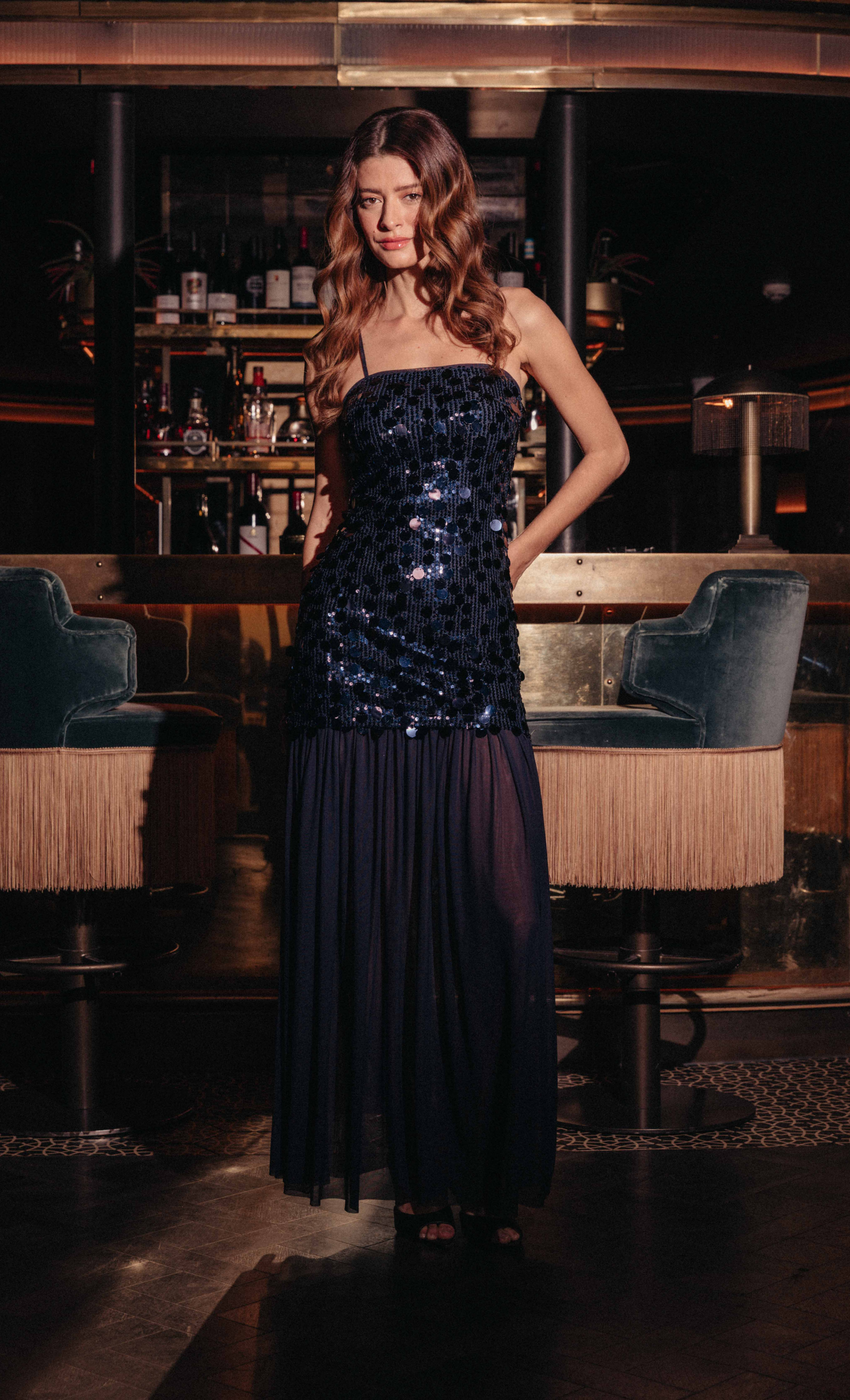 Navy Sequin Mesh Skirt Maxi Dress