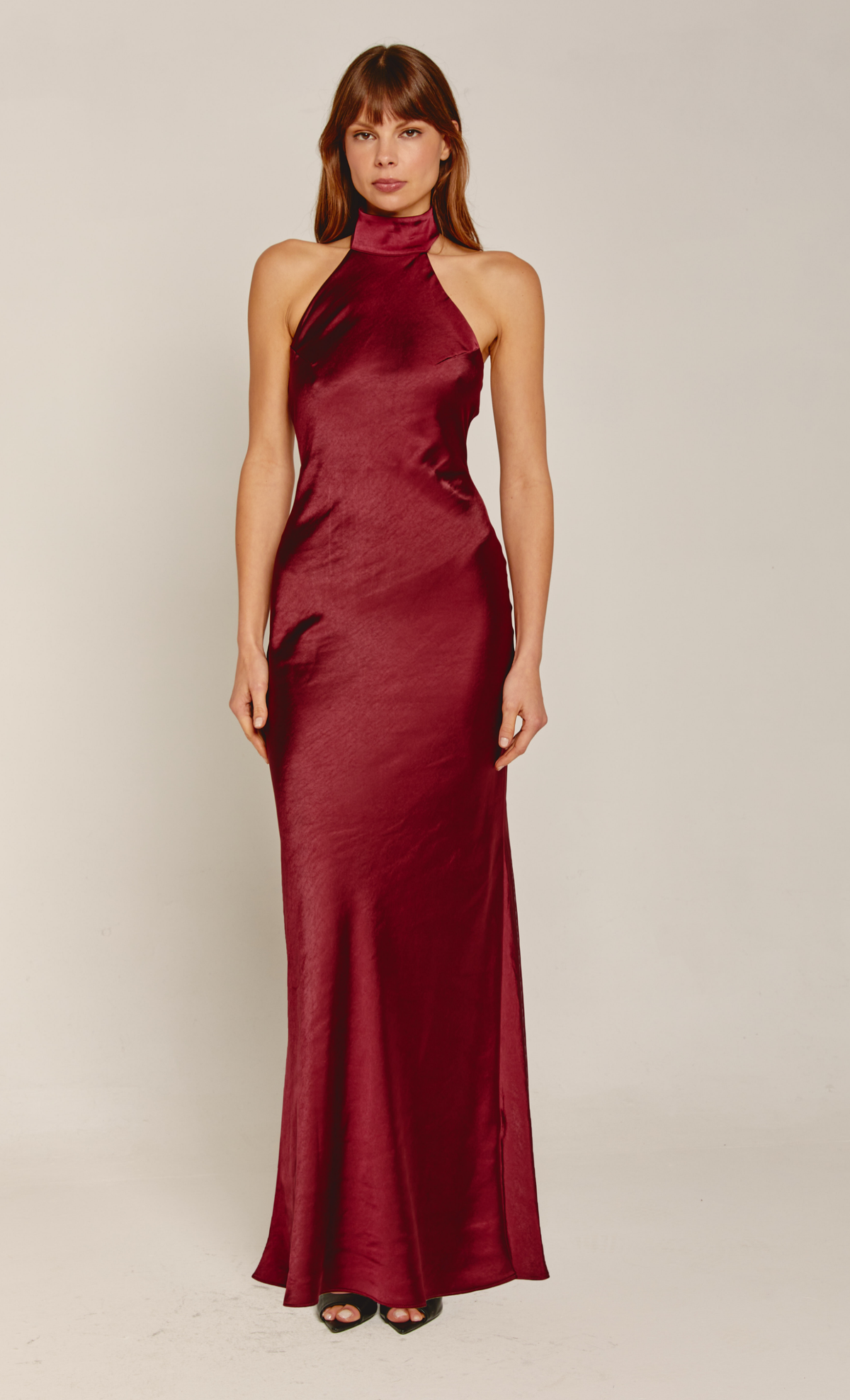 Wine Halter Neck Satin Maxi Dress