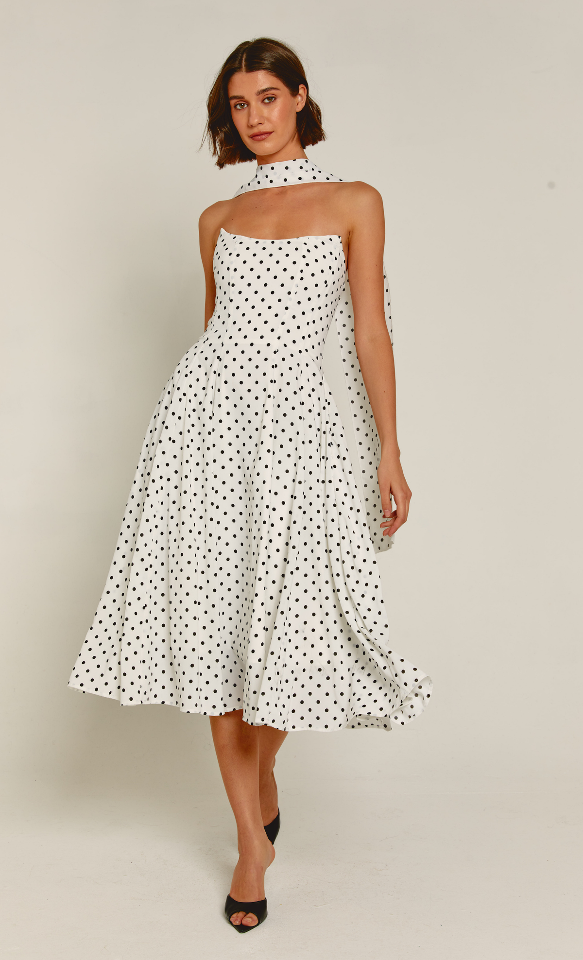 White Polka Dot Scarf Midi Dress