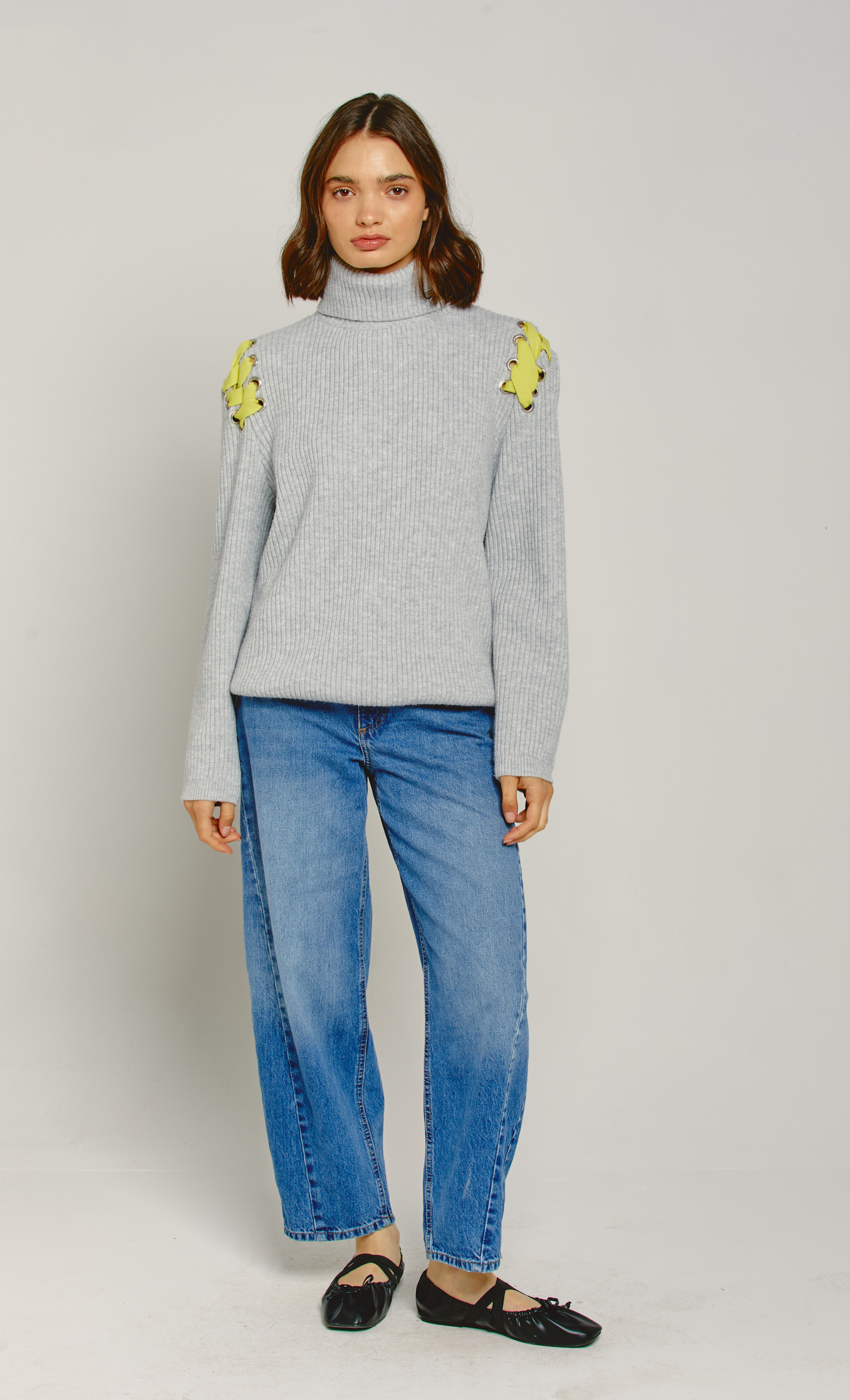 Grey Eyelet Detail Jumper with Yellow Lace