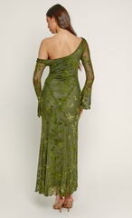 Olive Fallen Shoulder Burnout Maxi Dress