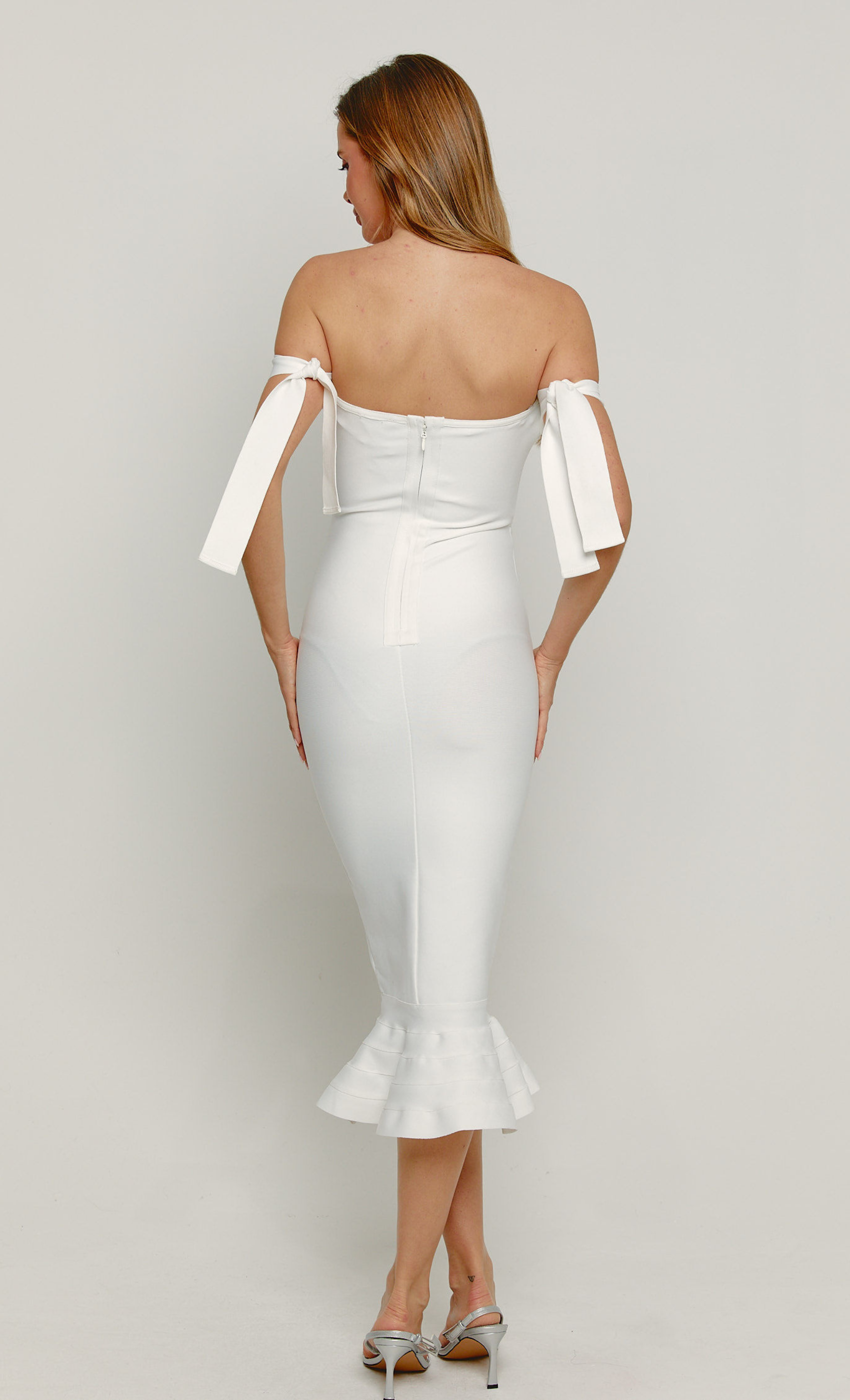 White Bandage Off Shoulder Midi Dress