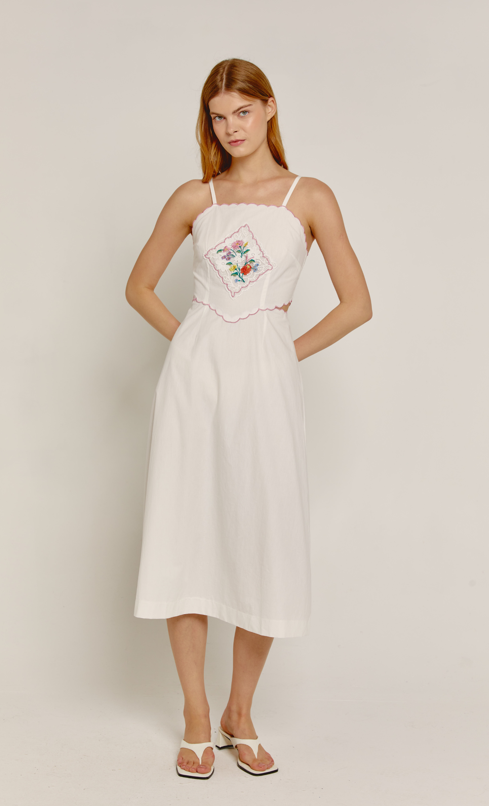 White Embroidered Detail Midi Dress