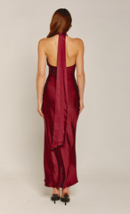 Wine Halter Neck Satin Maxi Dress