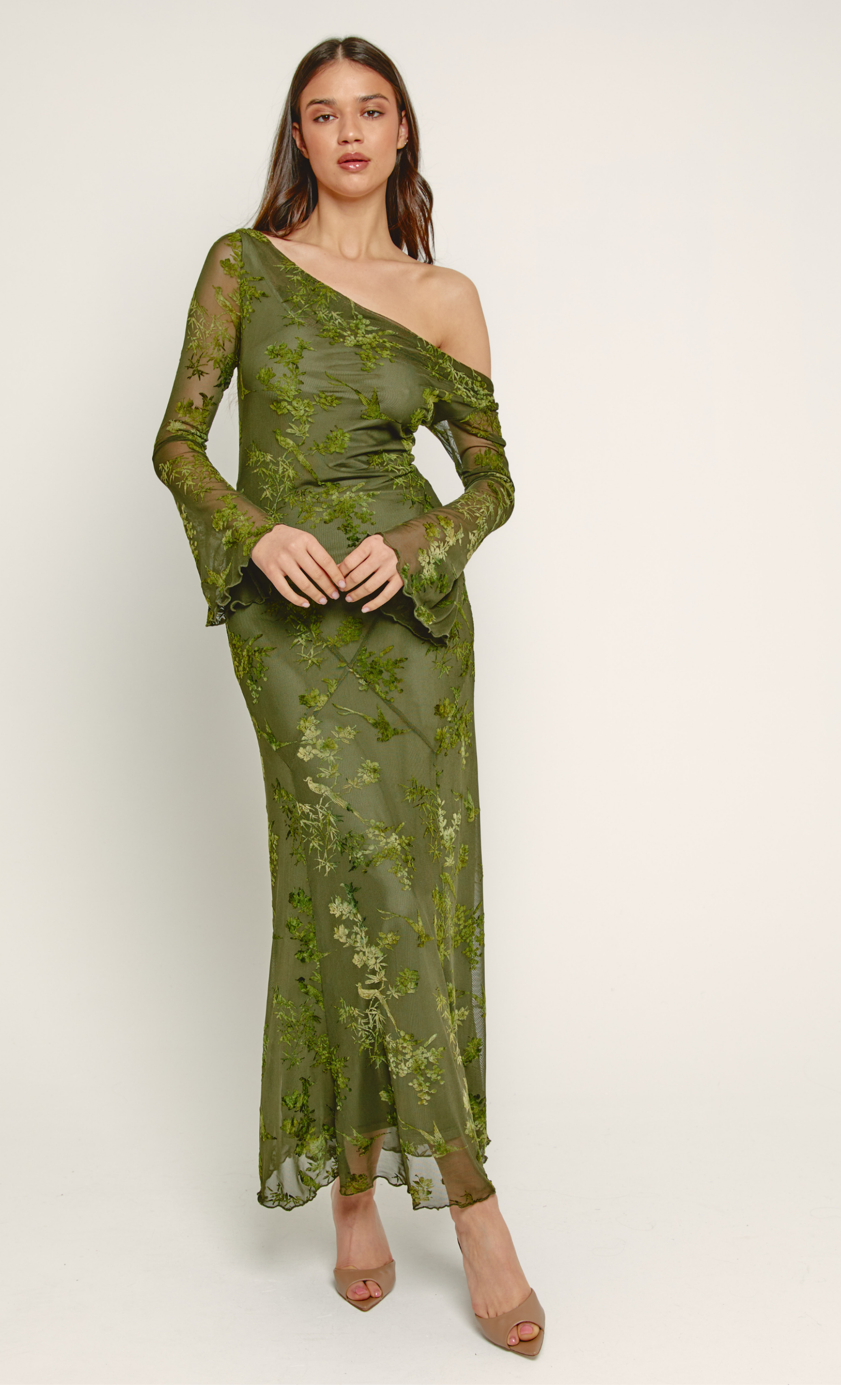 Olive Fallen Shoulder Burnout Maxi Dress