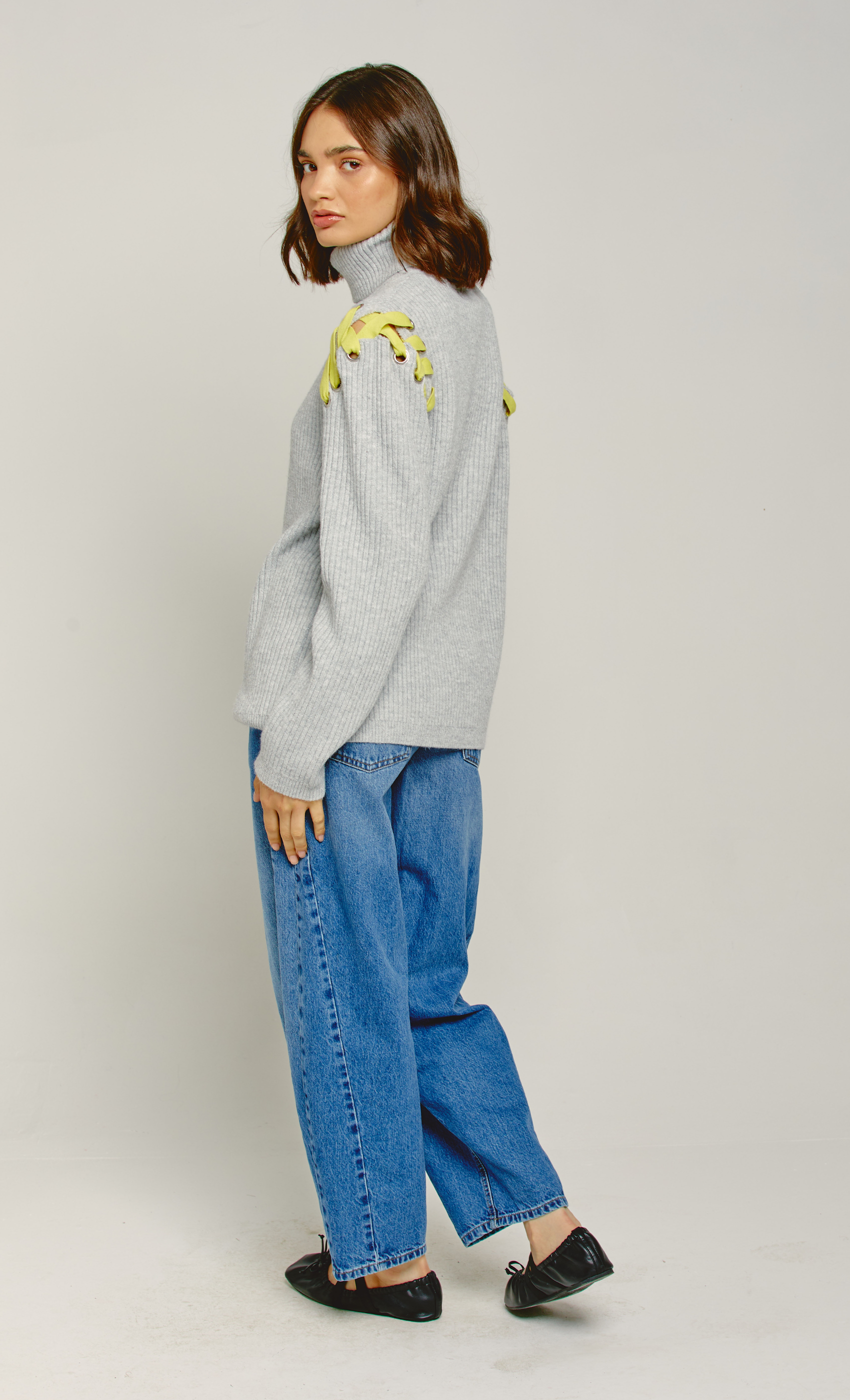Grey Eyelet Detail Jumper with Yellow Lace