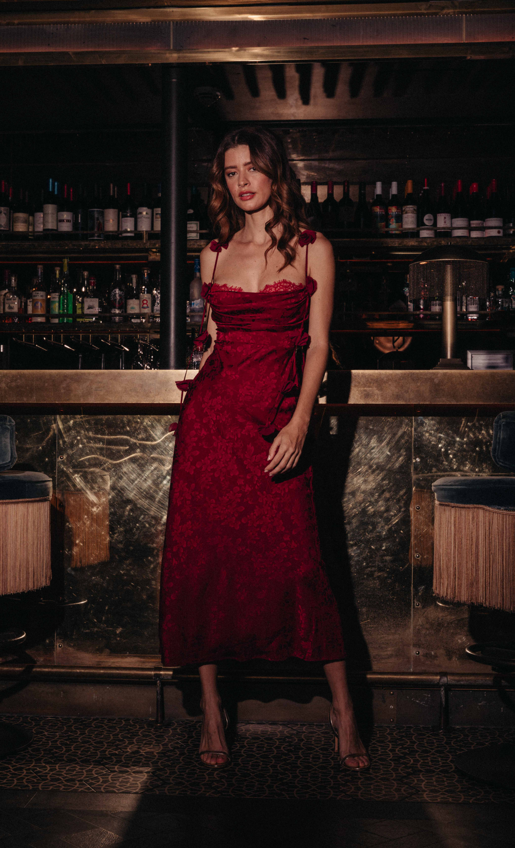Wine Petal Strap Satin Jacquard Maxi Dress
