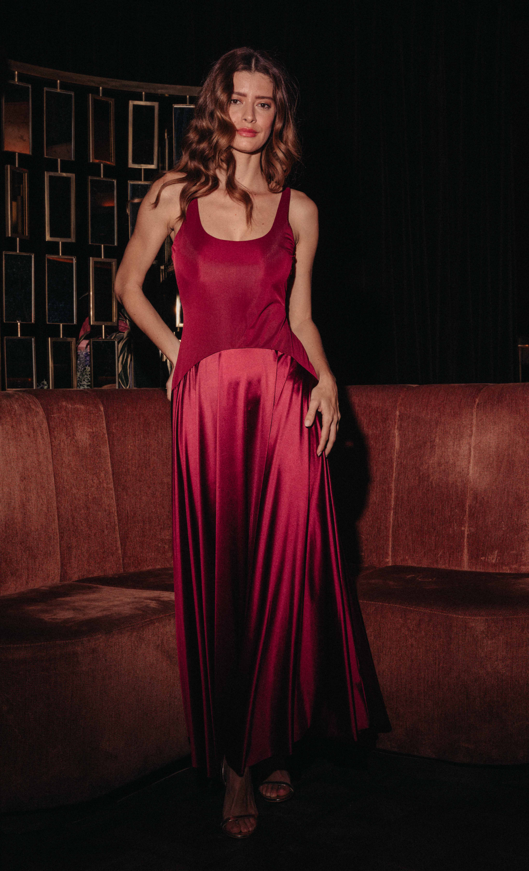 Wine Curved Drop Waist Maxi Dress
